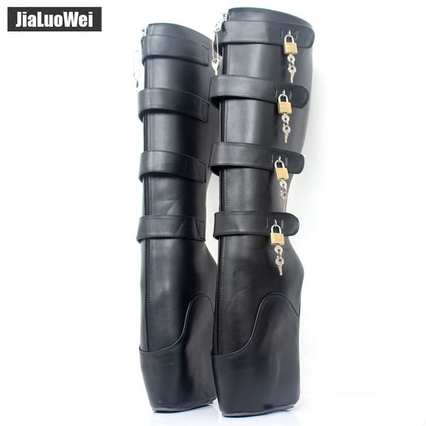 

mhysa 2019 fetish ballet boots women 18cm super high heel wedge heelless platform shoes lockable knee high slave boots l563, Black
