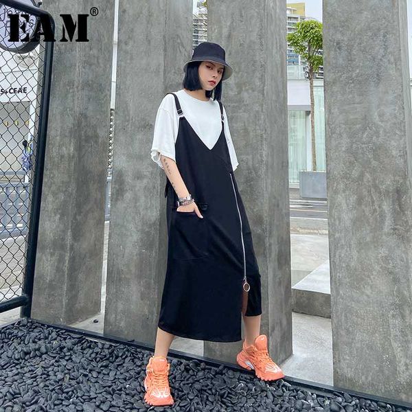 

eam] women black big pocket zipper irregular strap dress new sleeveless loose fit fashion tide spring summer 2020 1w070, Black;gray