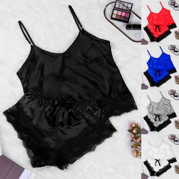 

2020 new women's pajamas sleepwear lingerie satin pajama set black lace v-neck pyjamas sleeveless cute cami and shorts, Black;red