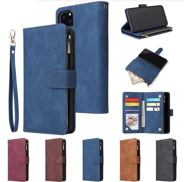 

for iphone 11 pro max xr x 8 7 plus new leather zipper wallet phone case with rope holder card slot all-inclusive cover