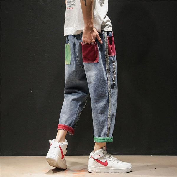

2019 ins men pants casual mens hip hop rap male trousers street jeans korean straight full close-fitting breathing loose pant, Blue