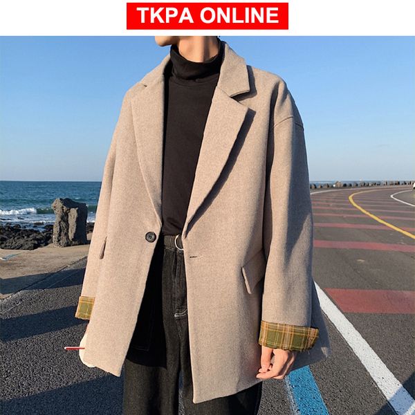 

men harajuku korean overcoat casual 2020 loose mens fashions black suit coat male patchwork plaid designer coat clothes