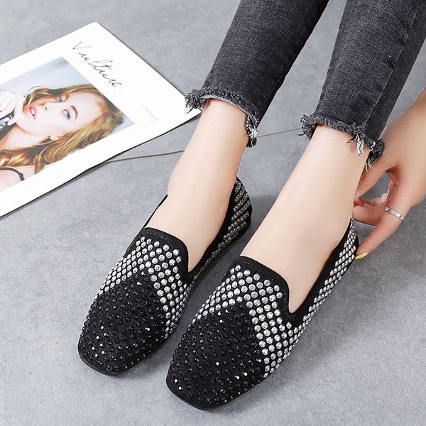 

peas shoes female 2019 new rhinestone flat sole shoes sequins lazy wild casual flat women, Black