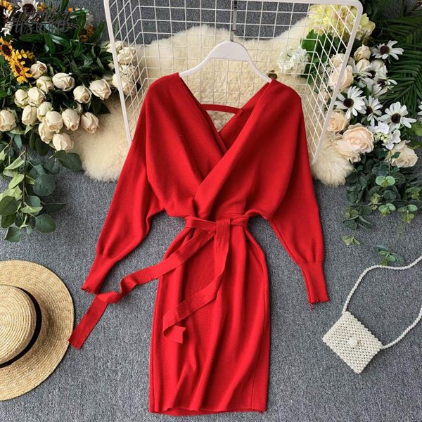 

autumn casual dresses winter women knitted sweater dress 2020 new korean long batwing sleeve v neck elegant dress ladies bandage dress, Black;gray