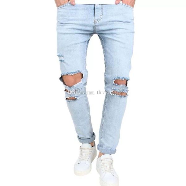 

новые мужские дизайнерские джинсы мода проблемные молнии рваные джинсы мужские дизайнерские узкие байкерские брюки небесно-голубой хип-хоп д, Blue