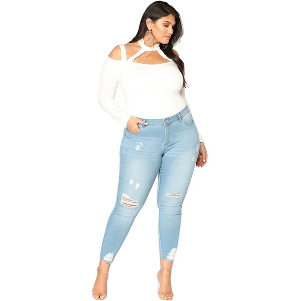 

Plus Size Trousers Women Jeans Ripped Jeans Slim Denim Jeans Destroyed Hole Casual Stretch Pencil Pants 3XL 4XL 5XL 6XL 7XL Blue