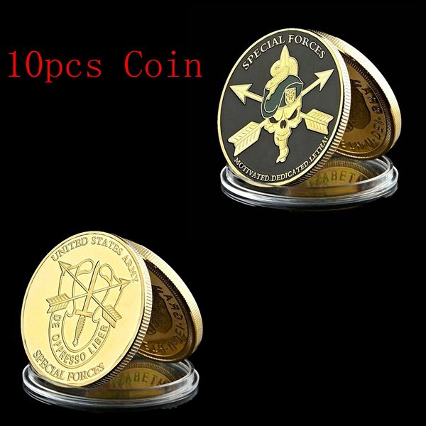 

10pcs arts and crafts usa army special forces 1oz gold plated challenge coin green berets liberty badge collectibles