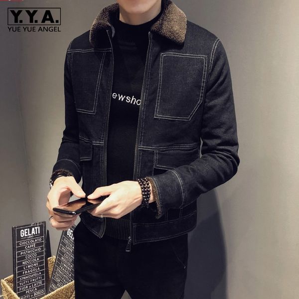 

winter denim coats men casual zip jackets long sleeve lamb fur collar warm thick cowboy outwear chic casaco masculino big size, Black;brown