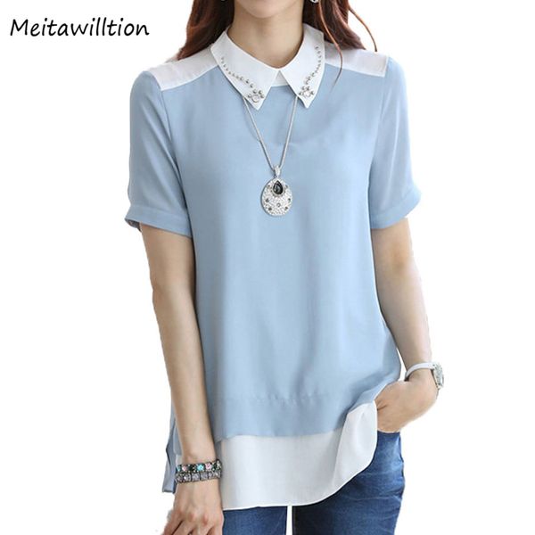 

summer short sleeve female blouse shirt 2019 spring women elegant blouse casual ladies patchwork turm down collar black, White