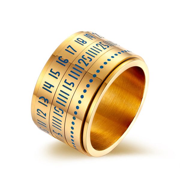 

14mm wide stainless steel rotatable luminous number men ring gold black silver color titanium steel party jewelry