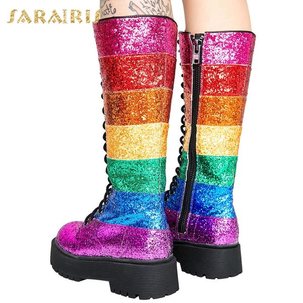 

sarairis new arrivals chunky heels large size 42 mid calf boots woman shoes mix color zip up shoes women boots, Black