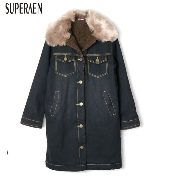 

superaen europe warm parkas coat women 2019 autumn and winter new thick denim parkas coat female wild women clothing casual, Black