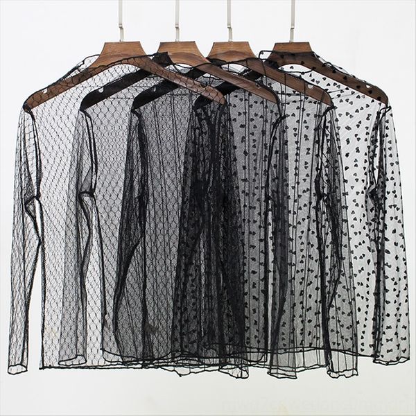 

2019 lace dress base shirt mesh perspective lace crochet mesh gauze women's long sleeve women's dress, White