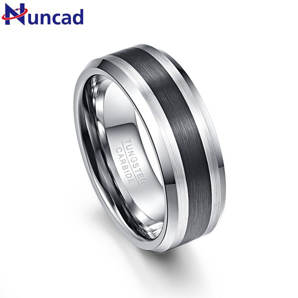 

nuncad tungsten carbide ring 8mm men's ring brushed finish and black center beveled edge size 5 to 14 wedding engagement ring, Golden;silver