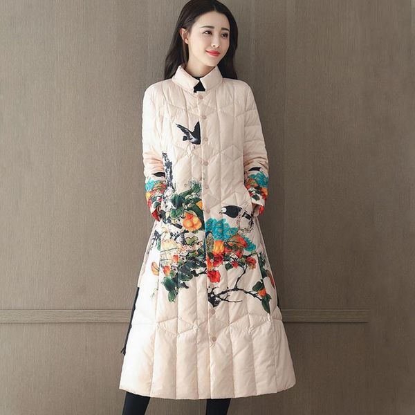 

plus size loose winter women thick down coat female stand collar white duck down jacket long print warm outwear coat yp1244, Black