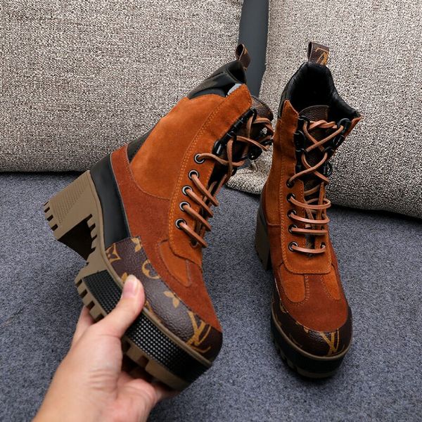 

high-end color matching lace-up martin boots 2020 thick bottom waterproof heel leisure women's boots high heel women's short boots, Black