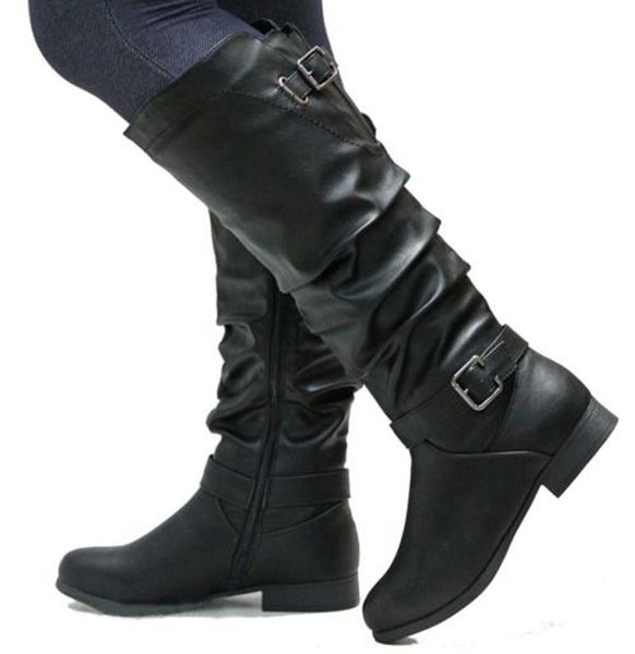 

boots women leather mid-calf winter warm basic low heels buckle side zipper female round toe solid booties botas d25, Black