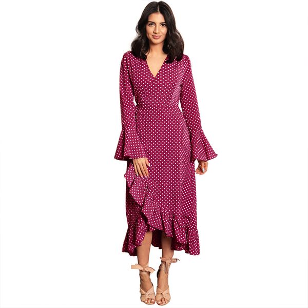 

kayoulai vintage платье весна осень длинным рукавом v-образным вырезом моды горошек ruffled vestidos long casual вадим женский, Black;pink