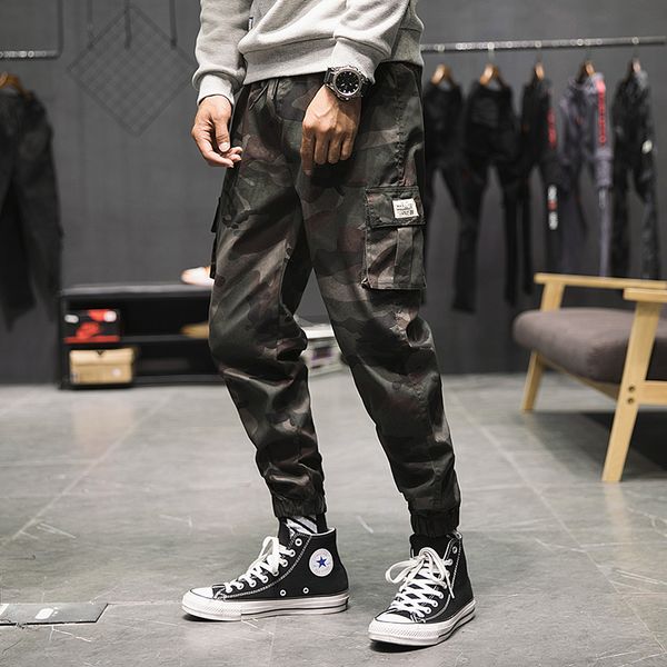 

2020 spring mens joggers pants camo cargo pants men jogger camouflage streetwear pockets skinny trousers men clothing, Black