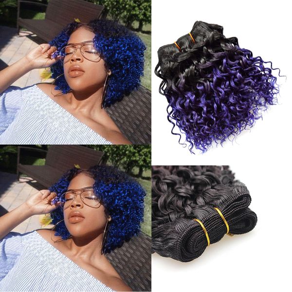 Ombre Purple Human Hair Bundles Wet Curly Bob Wave Brazilian Two Tone 3 Bundles T1b Purple Loose Deep Wave Sew In Hair Hair Weave Styles Black Hair