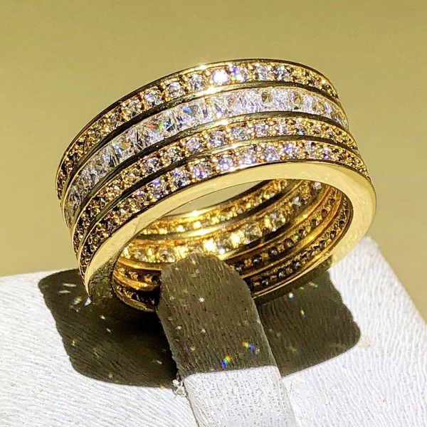 

lady gold ring 14ct princess cut created white sapphire cubic zirconia wedding bands rings for women men 925 silver jewelry gift, Golden;silver