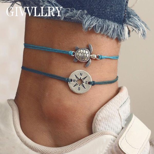 

givvllry punk compass turtle charm bracelets for women men accessories handmade blue green weave rope anklets set foot jewelry, Red;blue
