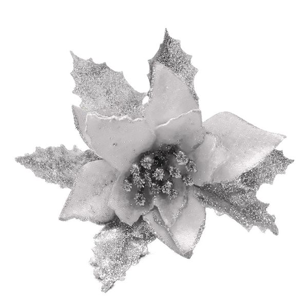 

1pc glitter artificial flower christmas tree flowers wedding decor ornaments poinsettia prop 6.7"(silver) silver