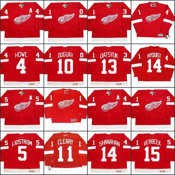

detroit red wings 4 mark howe 5 nicklas lidstrom 10 ron duguay 11 daniel cleary 13 pavel datsyuk brendan shanahan pat verbeek jersey, Black;red