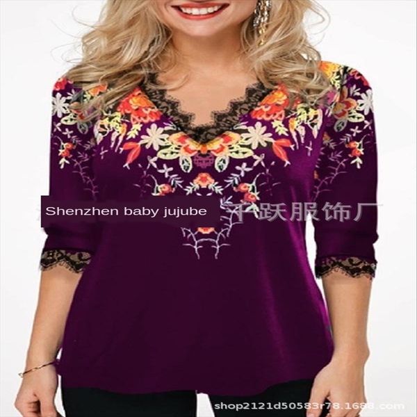 

middle sleeve v-neck lace printed female middle sleeve v-neck lace silk screen t-shirt silk screen printed t-shirt female, White