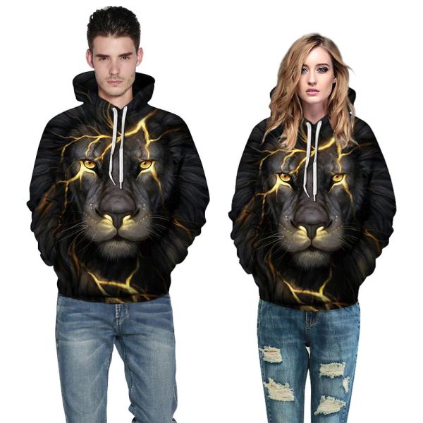 

2018 halloween couples men/women hooded 3d animal lion graphic print casual pockets hoodies sweatshirt pullover, Black
