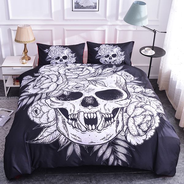 

boniu 3d black white skull pattern duvet cover set 2/3pcs sugar skull comforter bedding set soft bed cover  size bedclothes