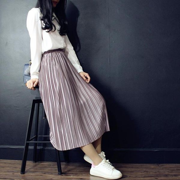 

2019 pearl satin clear ultra smooth feel pleated skirt vintage floor-length maxi skirt high waist long skirts ing, Black