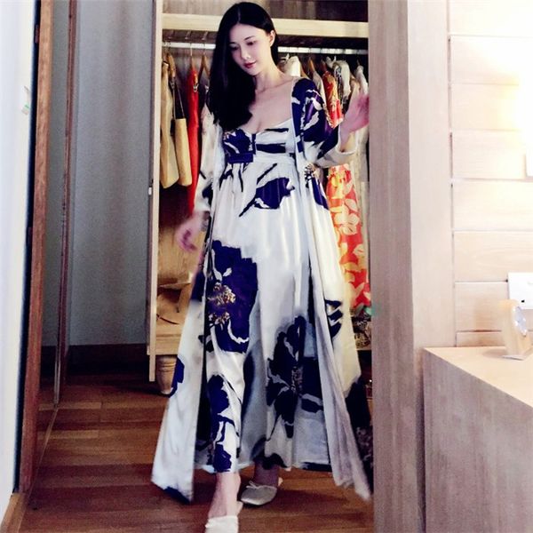 

women's long robe royal purple blue sleepwear silk flower satin nightgown two pieces set, Black;red