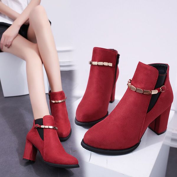 

women boots 2018 women round toe square heel buckle strap suede short ankle boots breathable single shoes female casual shoes, Black