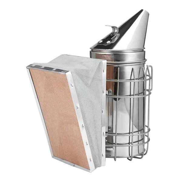 

stainless steel bee hive smoker beekeeping tool with heat shield protection easy to use, produces smoke to keep bees calm