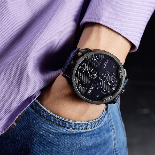 

oulm two time zone watch oversized dial personalized casual men's watches leather strap male quartz clock, Slivery;brown