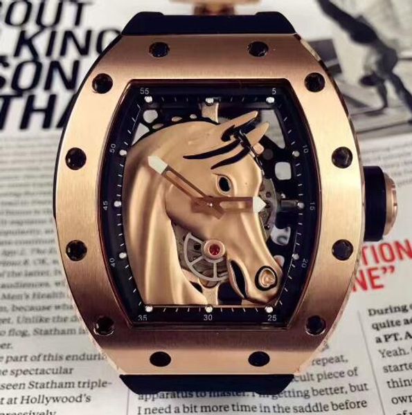 

brand rose gold stainless case 052 skeleton 3d horse head dial automatic mens fashion wristwatches black rubber strap men luxury watches, Slivery;brown