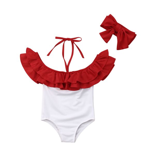 

imcute children swimwear for girls baby red swimsuit kid costume one piece with headband biquini infantil bathing clothes female, White