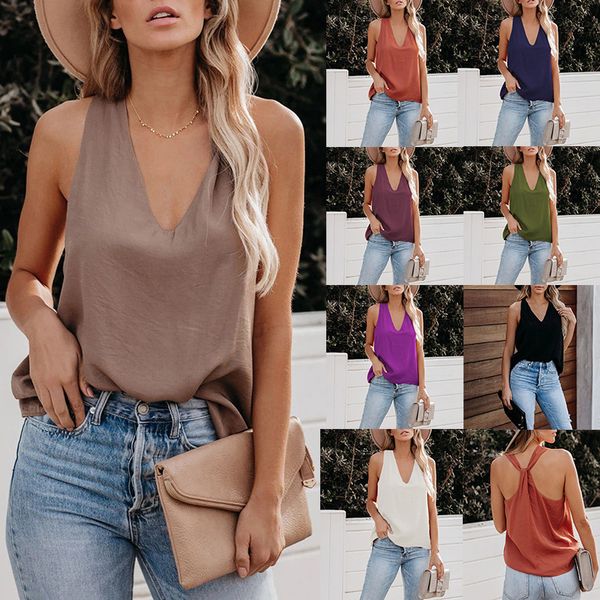 

summer casual solid sleeveless tank ladies deep v-neck tank vintage loose white womens and blouses streetwear