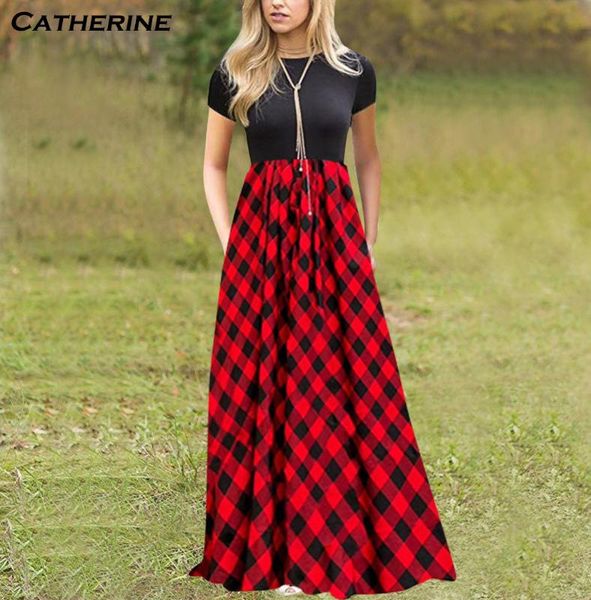 

women short sleeve plaid long dress 2020 vintage summer sundress casual pacthwork party dress vestido robe femme dresses#j3, Black;gray