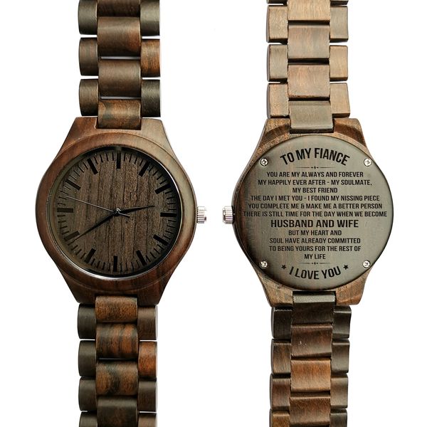 

to my fiance engraved wooden watch being together gives me life's views, Slivery;brown