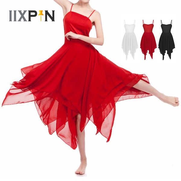 

women ballet dress ballerina gymnastic dress ballet spaghetti strap sleeveless asymmetric chiffon contemporary dance, Black;red