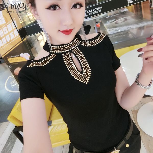 

fashion korean hollow out off shoulder diamonds tshirt new summer women streetwear women clothes slim shirt camiseta mujer t95402l, White
