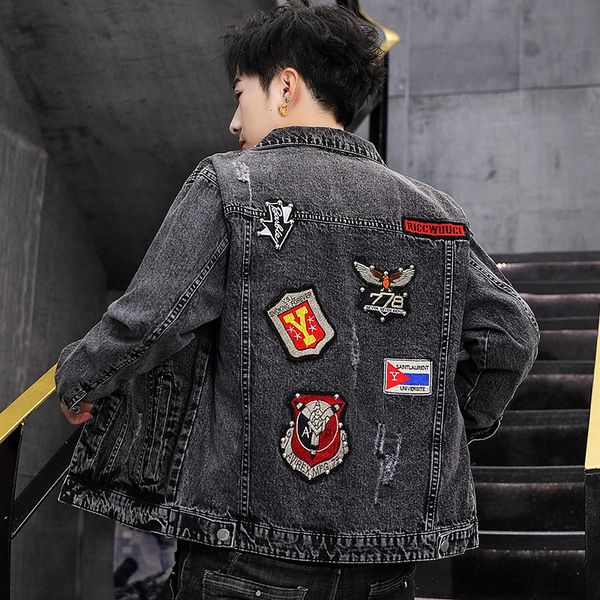 

men's jacket 2020 new style personality popular embroidery demin jacket men coat bomber vintage male, Black;brown