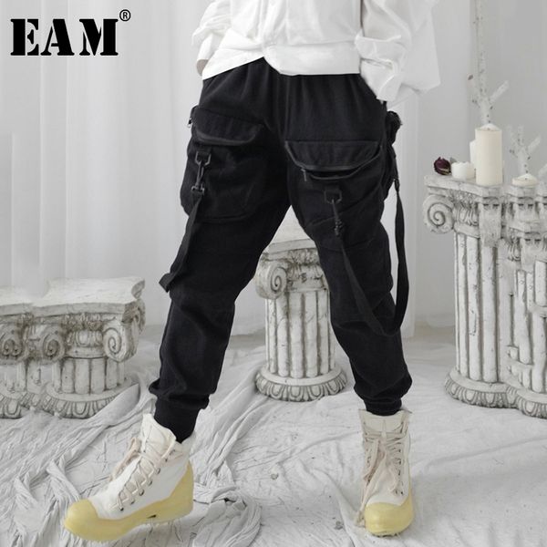 

eam] high elastic waist black buckle split harem trousers new loose fit pants women fashion tide spring summer 2020 1u334, Black;white
