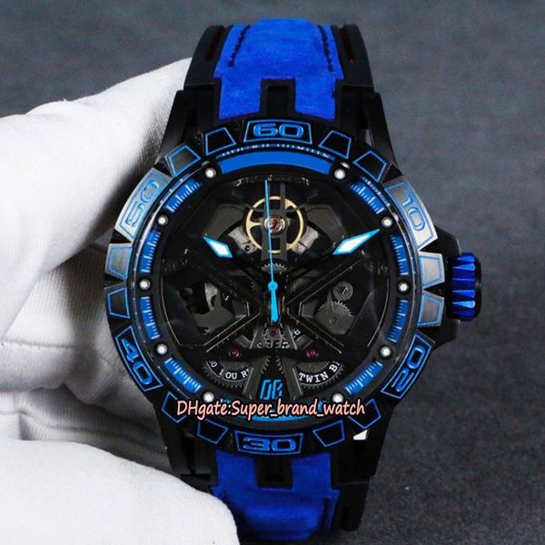 

version excalibur rddbex0748 skeleton dial dlc coated titanium alloy case mechanical 0750 mens watch blue leather strap sport watches, Slivery;brown