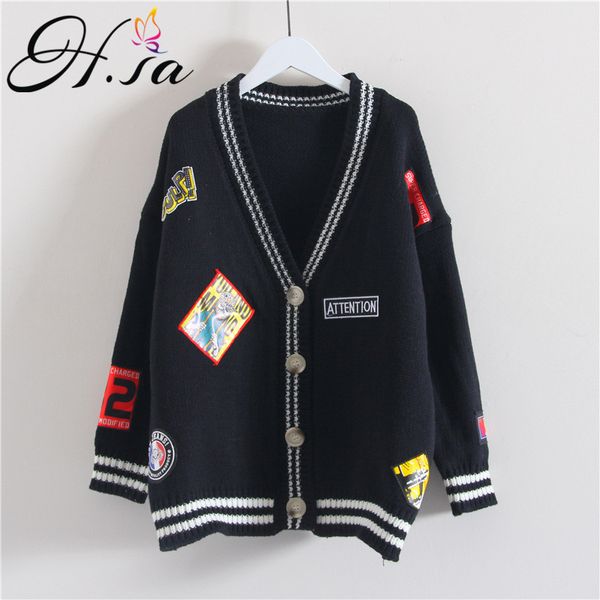 

h.sa 2017 new autumn winter sweater cardigans women korean loose embroidery appliques cardigans feminino knitted sueter jacket, White