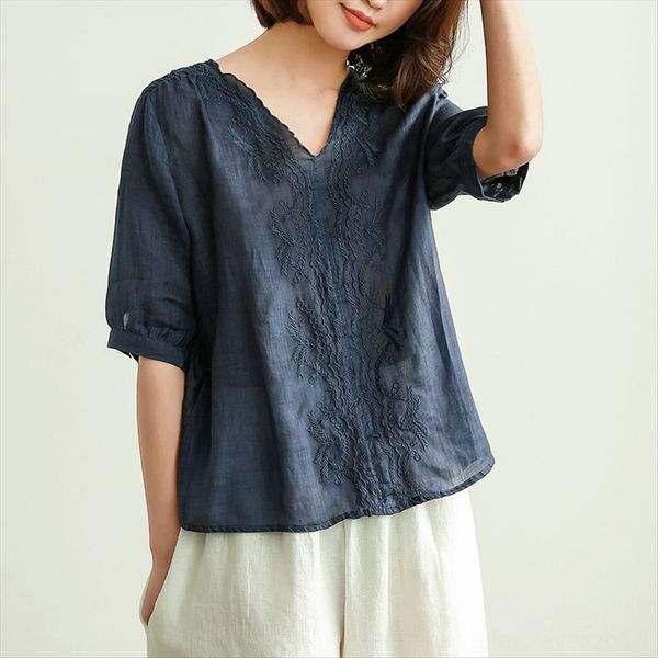 

ramie short-sleeved t-shirt women's thin loose v-neck western style 2020 large size jacket jacket t-shirt 9963, White