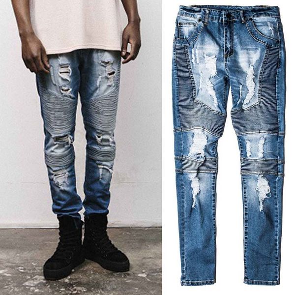 

spring and autumn men's ripped hole jeans hip hop streetwear for men slim pants striped male long pants hipster jeans clothing, Blue