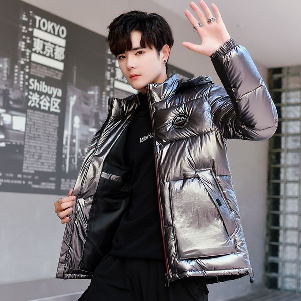 

huapate fashion men's down jacket winter cotton warm thick thick shiny silver fashion parka hooded short coat, Black